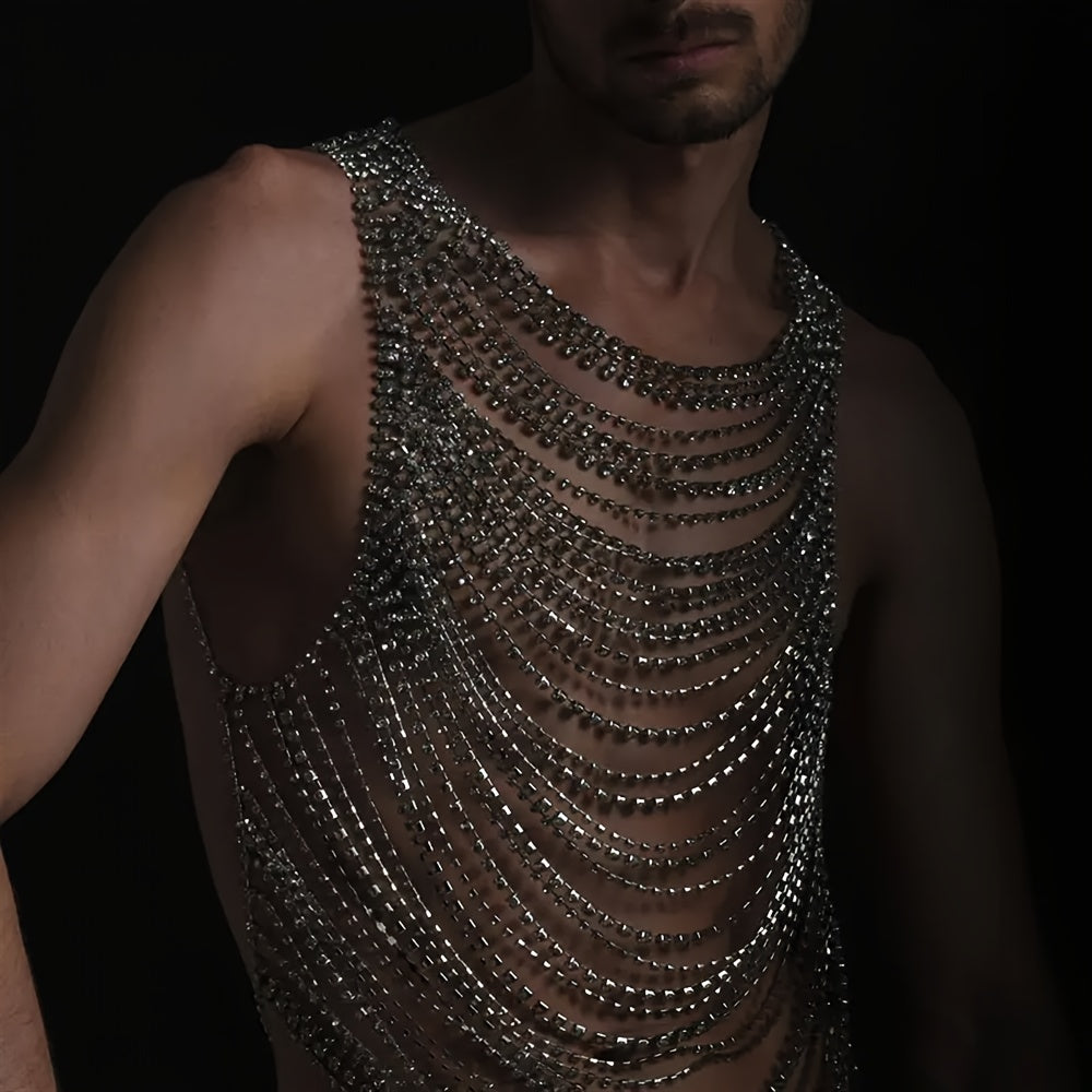 Erkaklar uchun haddan tashqari zargarlik aksessuarlari - Ko'p qatlamli tassel va rhinestone bilan hashamatli tanaga zanjir, tungi klub, plyaj, musiqa partiyalari uchun mukammal