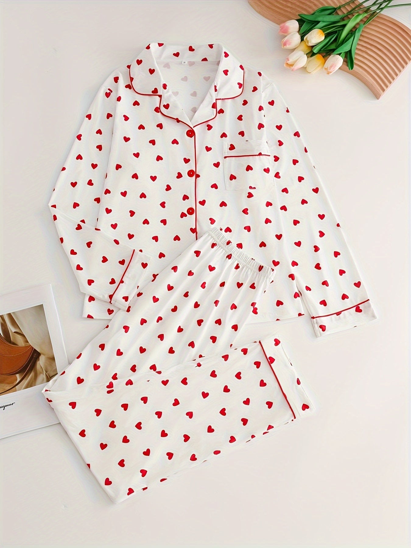Women's Pajama Set Long Sleeve Heart Pattern Spring Autumn Cozy Pants
