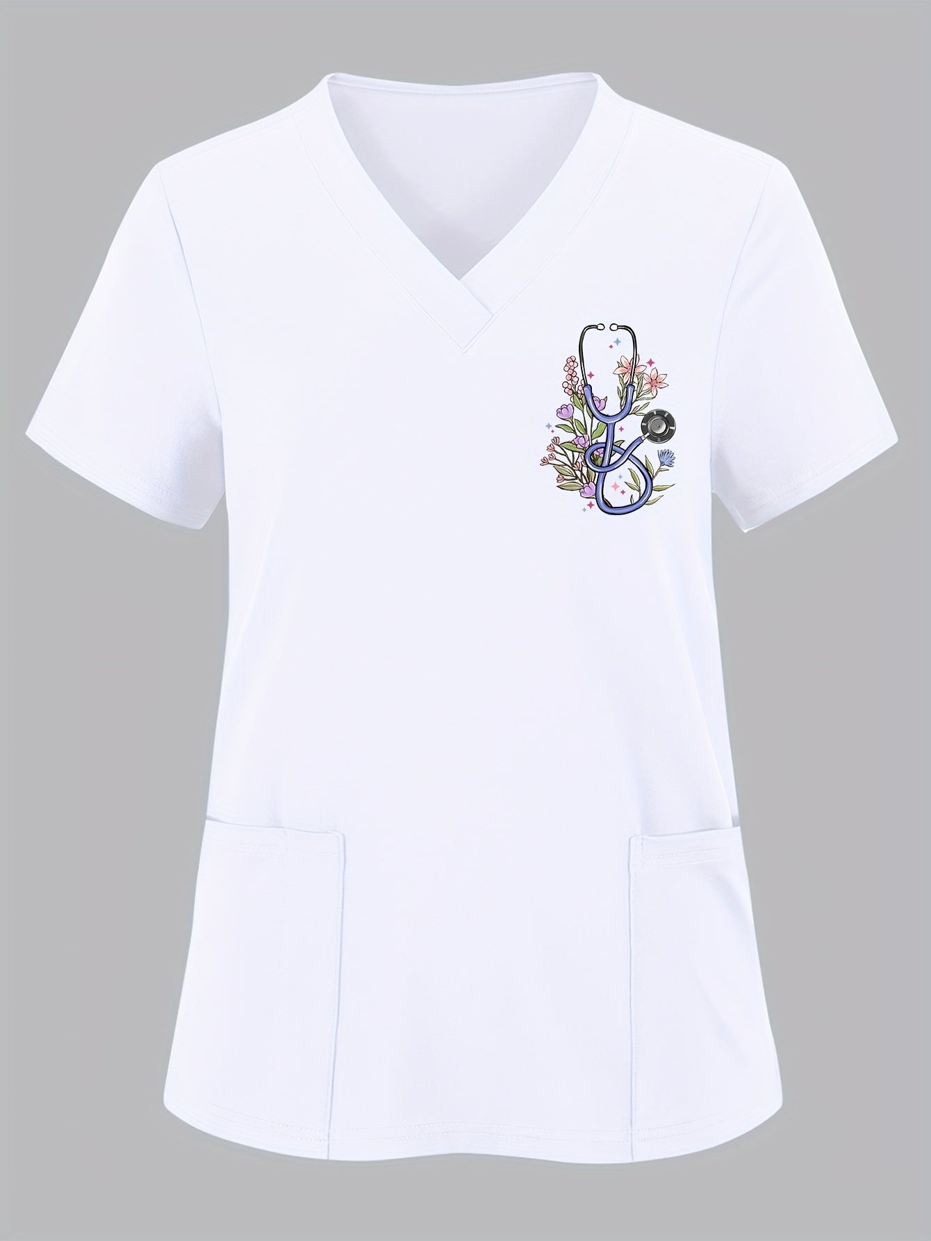 Women's Floral Stethoscope Print Scrub Top with Pockets Short Sleeve Medium Stretch Knit Fabric