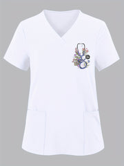 Women's Floral Stethoscope Print Scrub Top with Pockets Short Sleeve Medium Stretch Knit Fabric