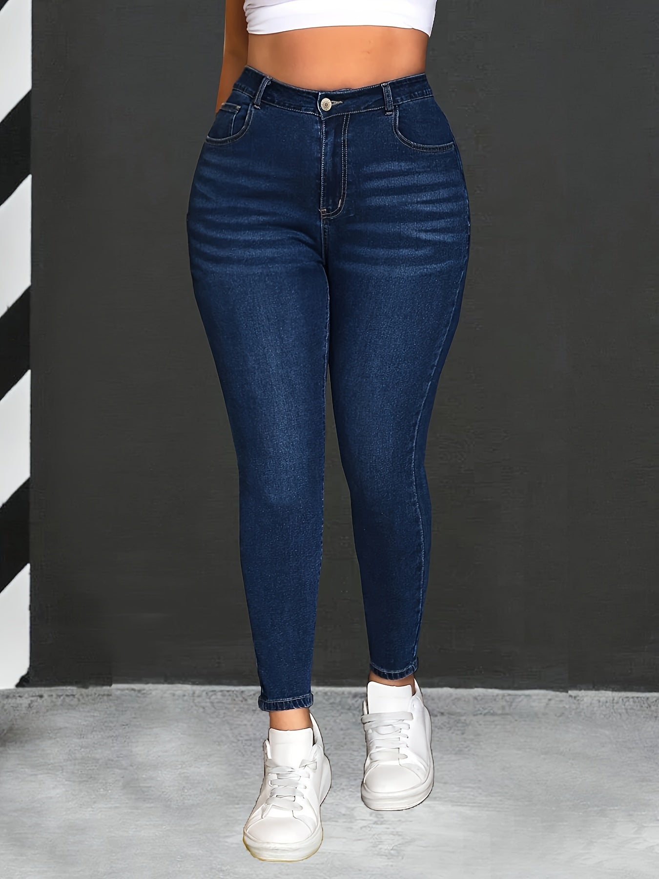 Plus Size High Stretch Skinny Jeans Solid Color Denim Cotton Blend Long Length Woven Pants