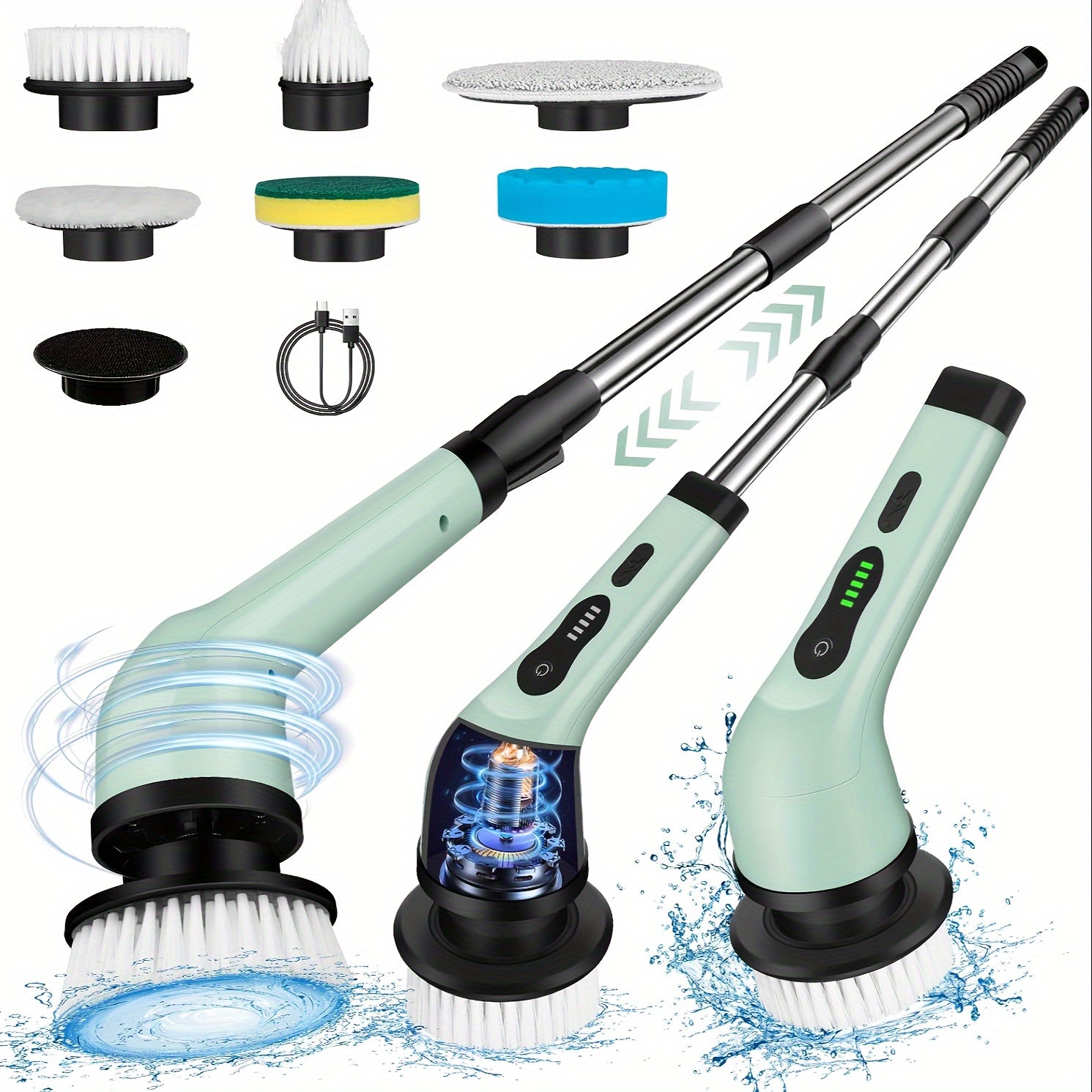 Wireless Electric Spin Mop with Interchangeable Brush Heads Telescopic Handle Cordless 360° Cleaning