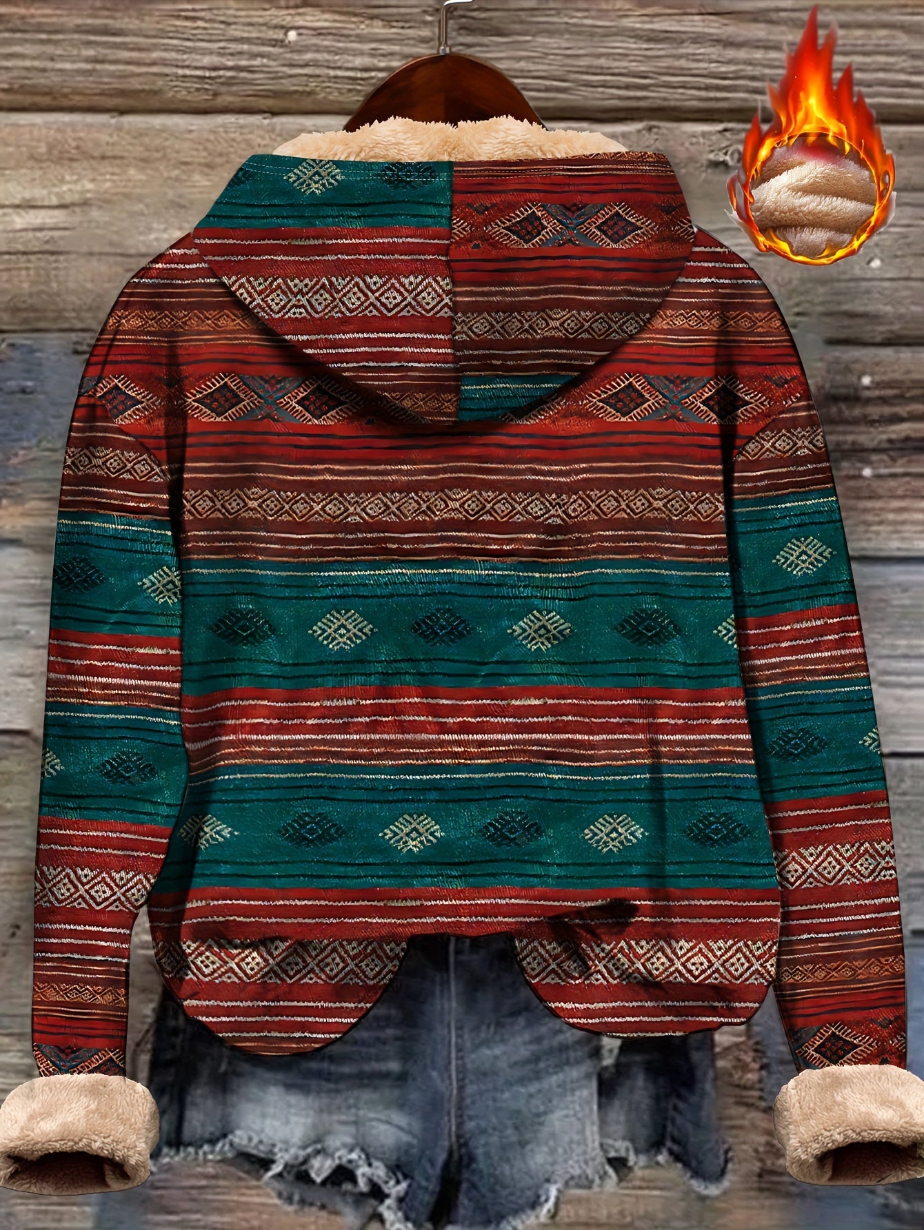 Plus Size Winter Hoodie Fleece-Lined Ethnic Print Long Sleeve Sweatshirt for Women