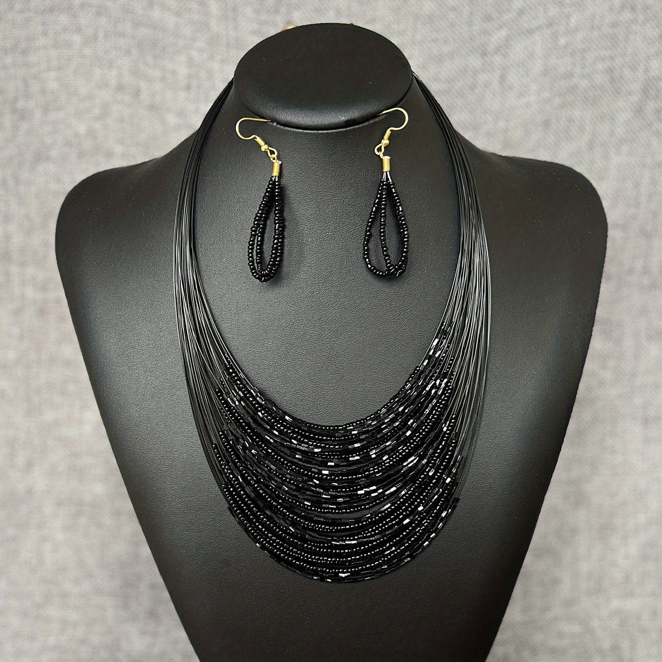 Set of Three Handmade Black Bead Earrings and Necklace Multi-Layer Jewelry