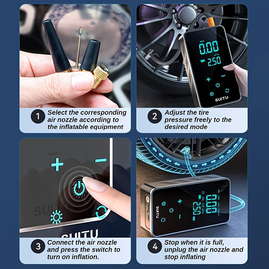 Portable Car and Motorcycle Electric Air Pump with Digital Display and Wireless or Wired Operation