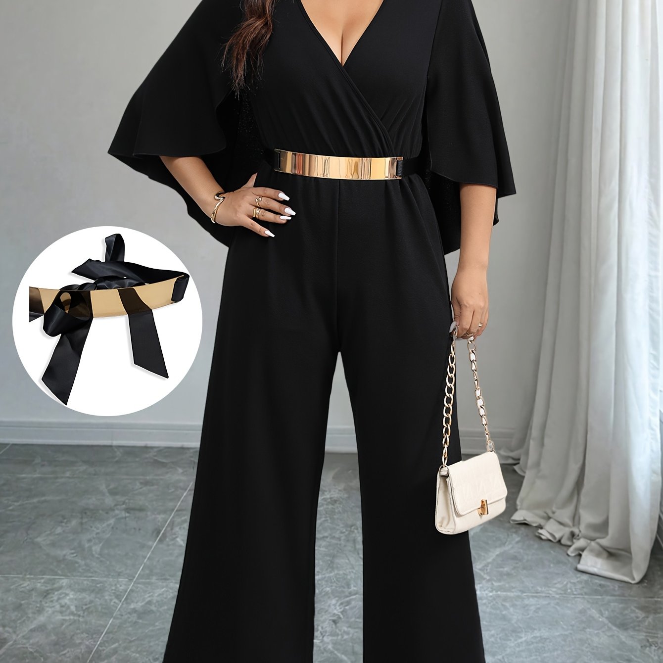 Women's Plus Size Casual V-Neck Jumpsuit with Tie Waist Black Maxidress