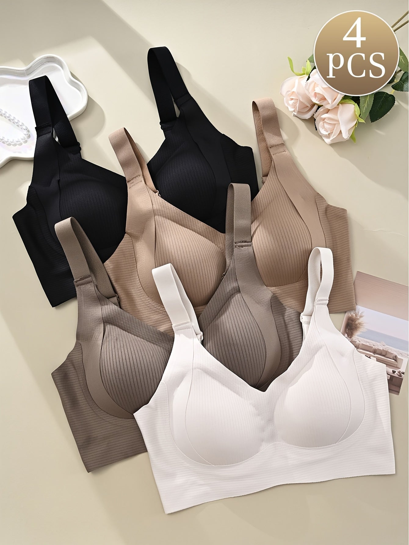 Women's Wire-Free Bras 4-Pack Seamless Soft Support Comfortable Black Beige White