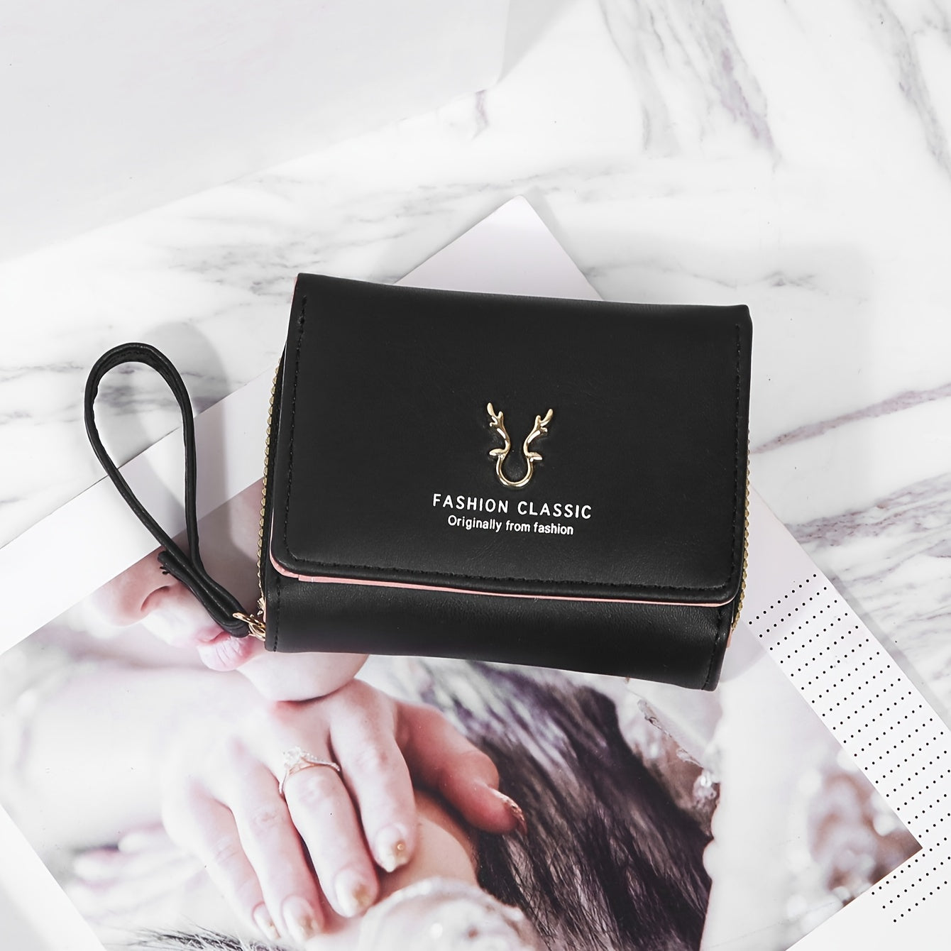 Men's Black PU Tri-Fold Wallet with Card Slots and Buckle