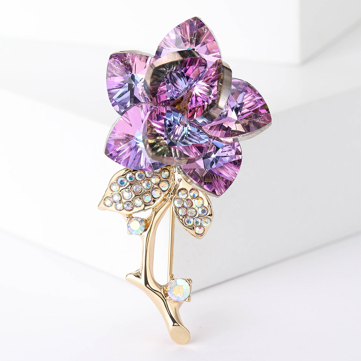 Elegant Crystal Rose Brooch Pin with Rhinestones and Floral Design