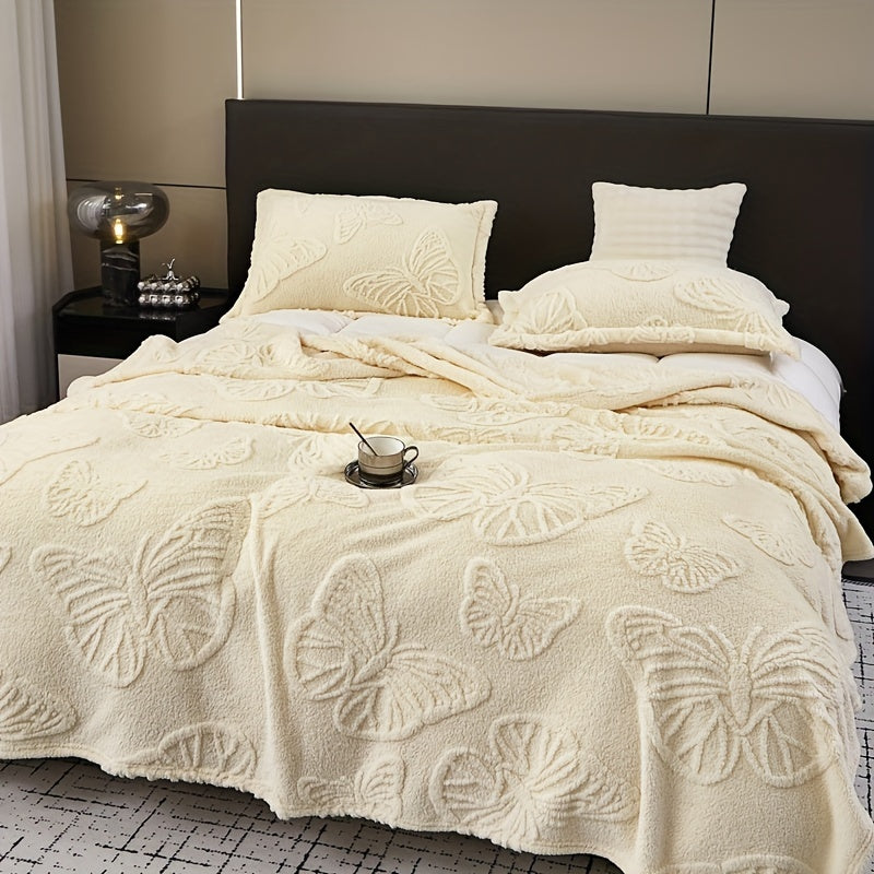 White Taffeta Butterfly Jacquard Throw Blanket Soft Warm Cozy for Couch Bed Travel
