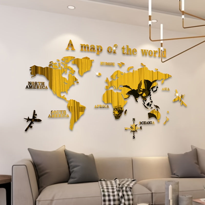 Bohemian Acrylic Wall Decor Map of the World with Airplane and Compass Rose 1mm Thick Adhesive Backing for Classroom Office Bedroom Living Room
