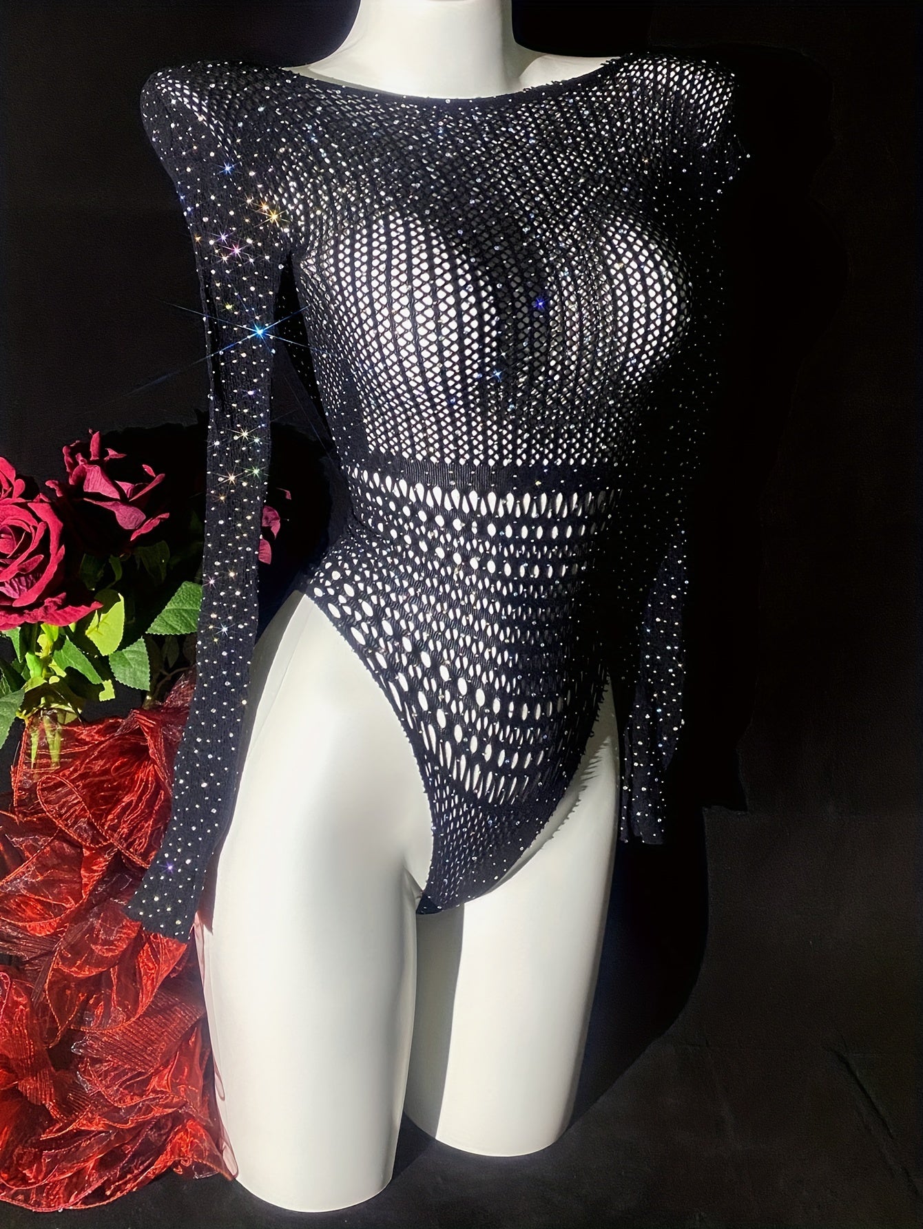 Women's Rhinestone Bodysuit Long Sleeve Hollow Out Festival Swimwear