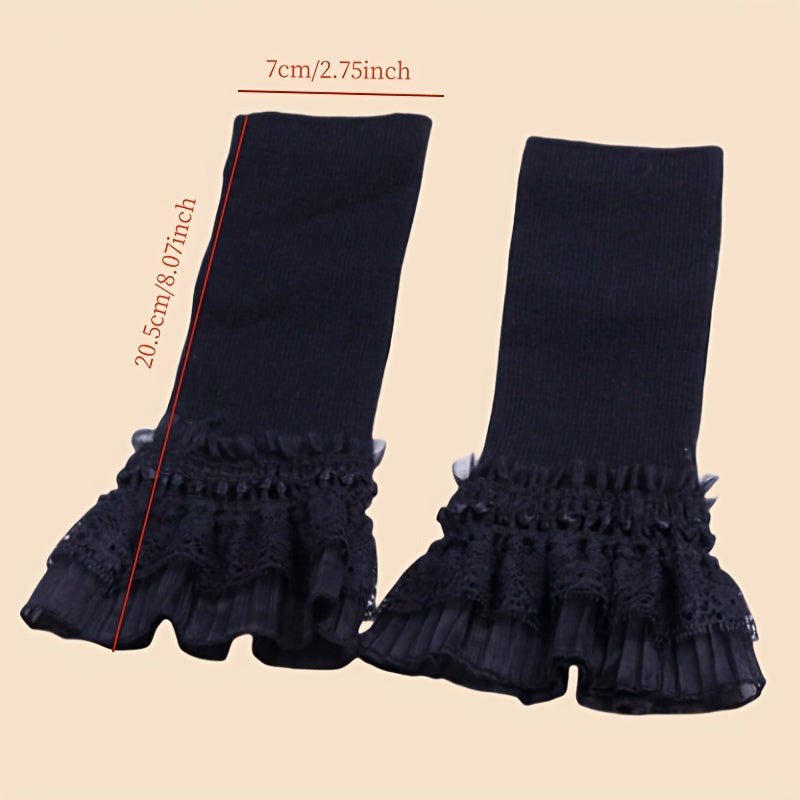 Women's Elastic Fingerless Arm Warmers with Lace Cuff and Polyester Stretch Fabric