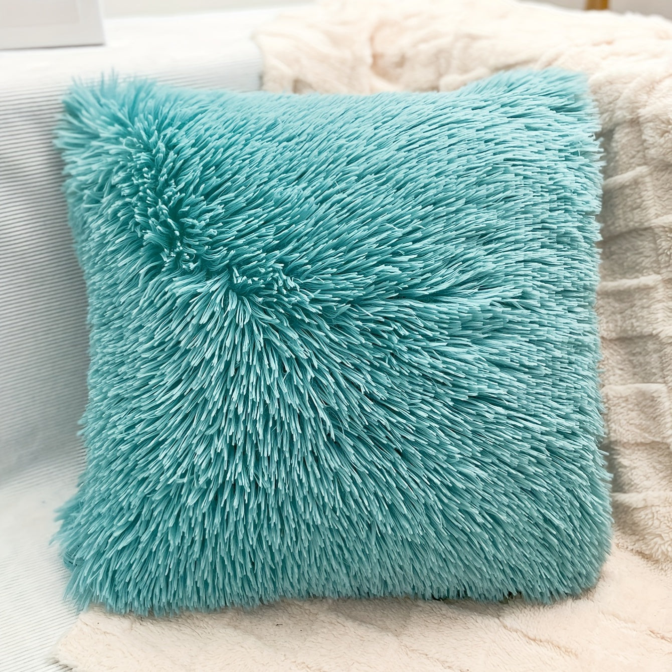 Bohemian Plush Throw Pillow Cover for Sofa or Bed Gray White Turquoise