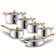 Juego de utensilios de cocina de acero inoxidable de 12 piezas con ollas, sartén, cazo y tapas