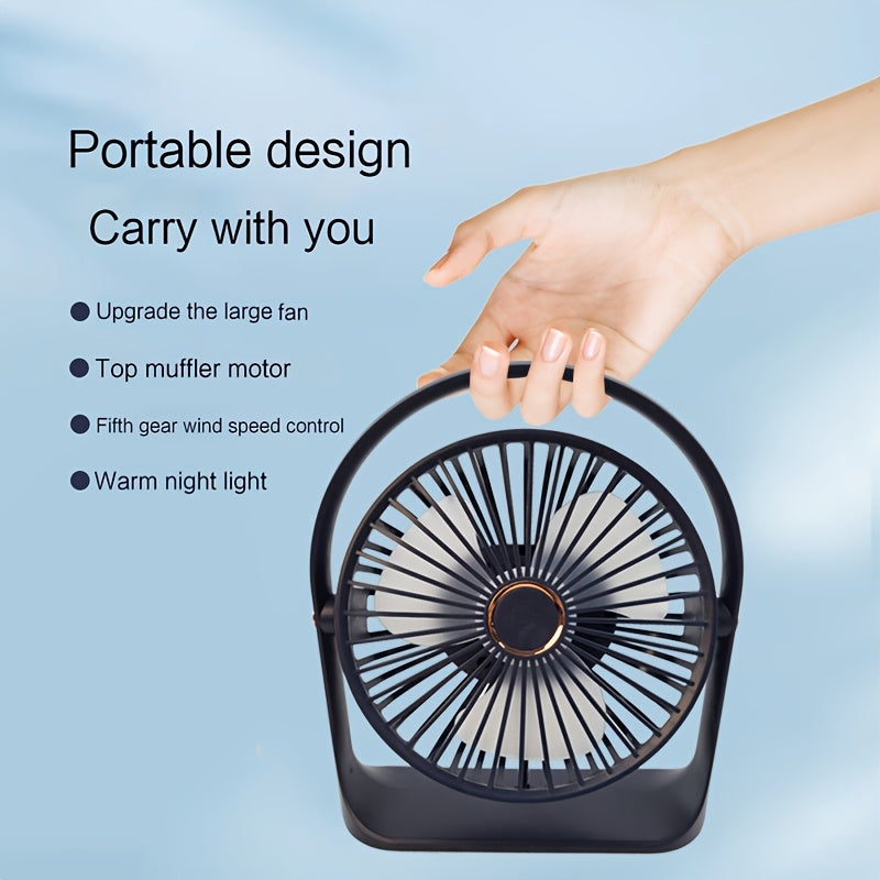 Portable USB Rechargeable Clip-On Fan with Nightlight, 5-Speed, 720° Rotation