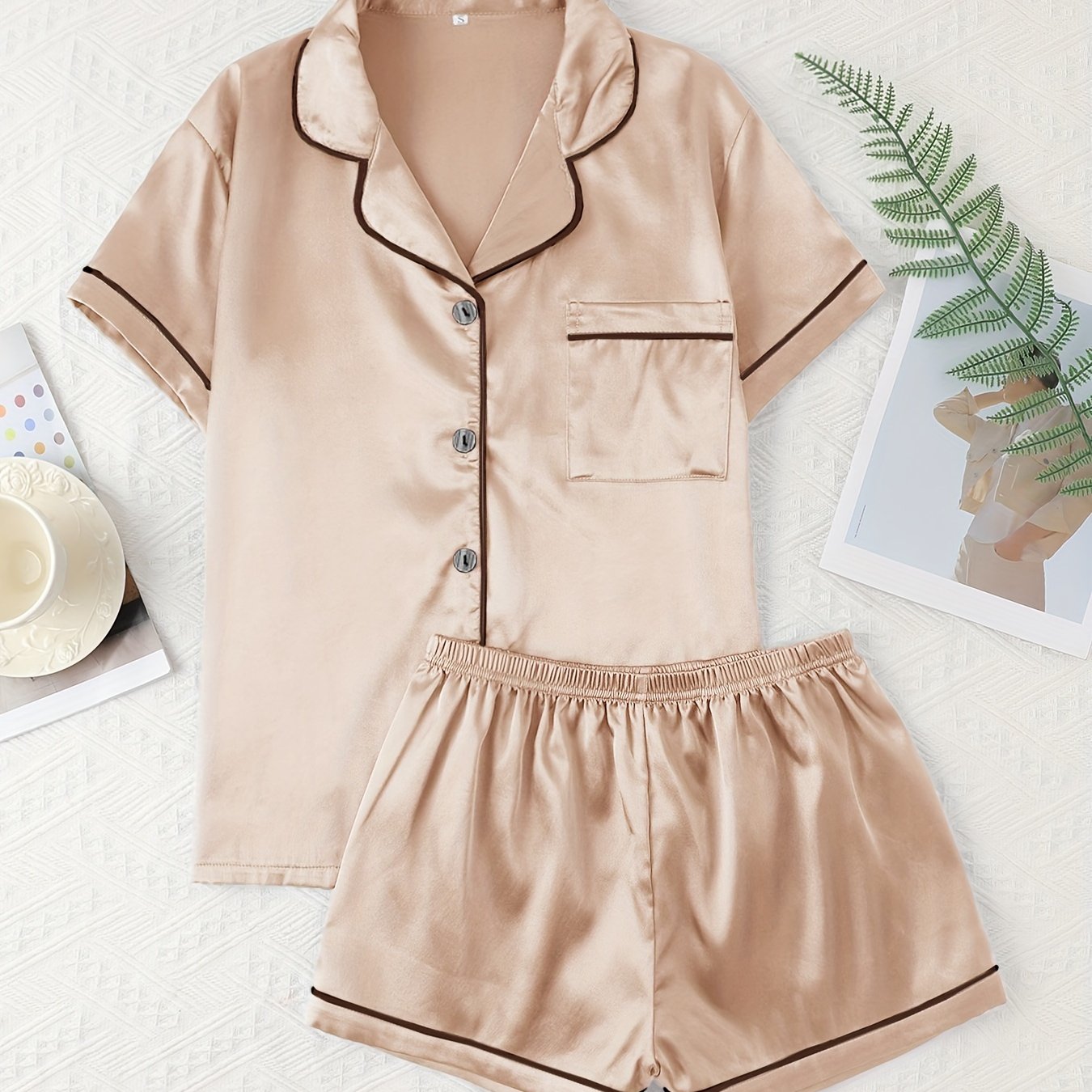 Adult Satin Solid Color Double Shorts Pajama Set