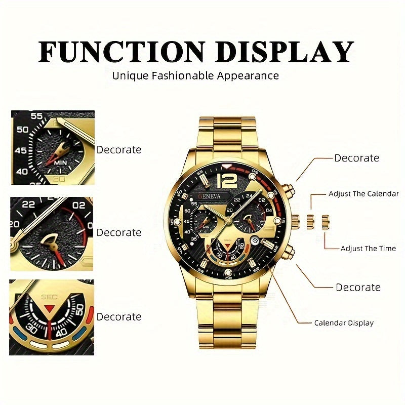 Men's Luxury Gift Set Includes Stainless Steel Watch Necklace Bracelet Ring Business Casual
