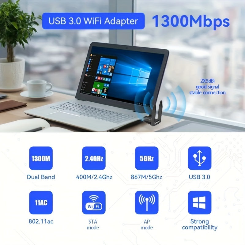 1300Mbps Dual Band USB WiFi Adapter with 5dBi Antennas for Windows MacOS