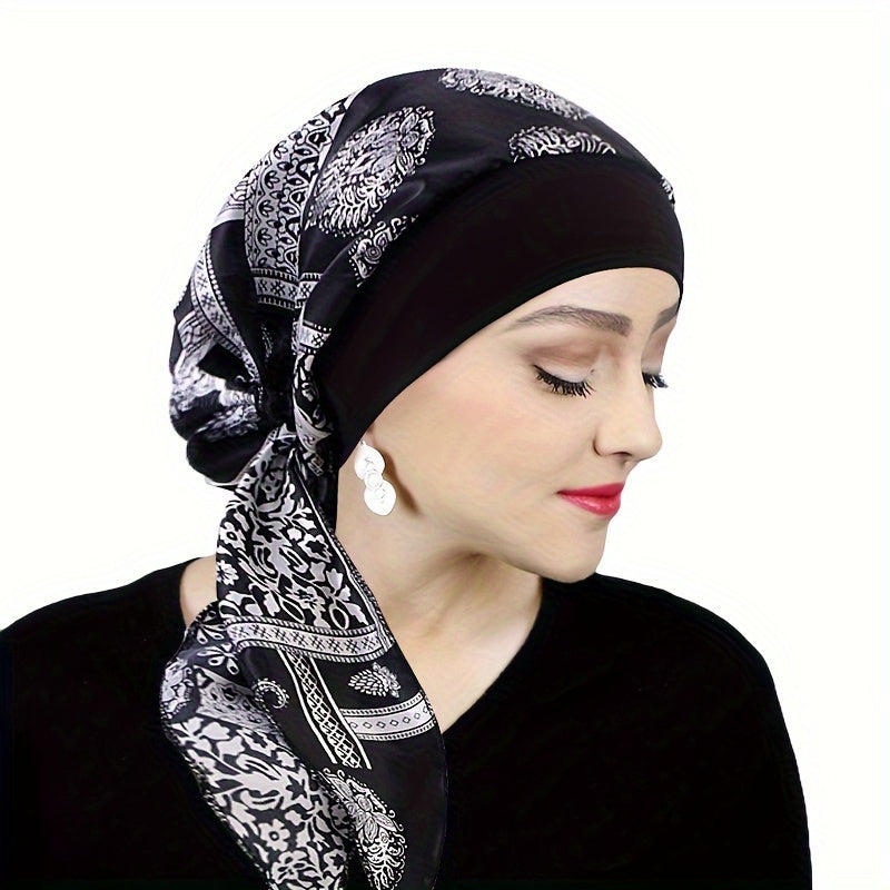 Black and White Paisley Stretchy Turban Hat for Women Lightweight Polyester