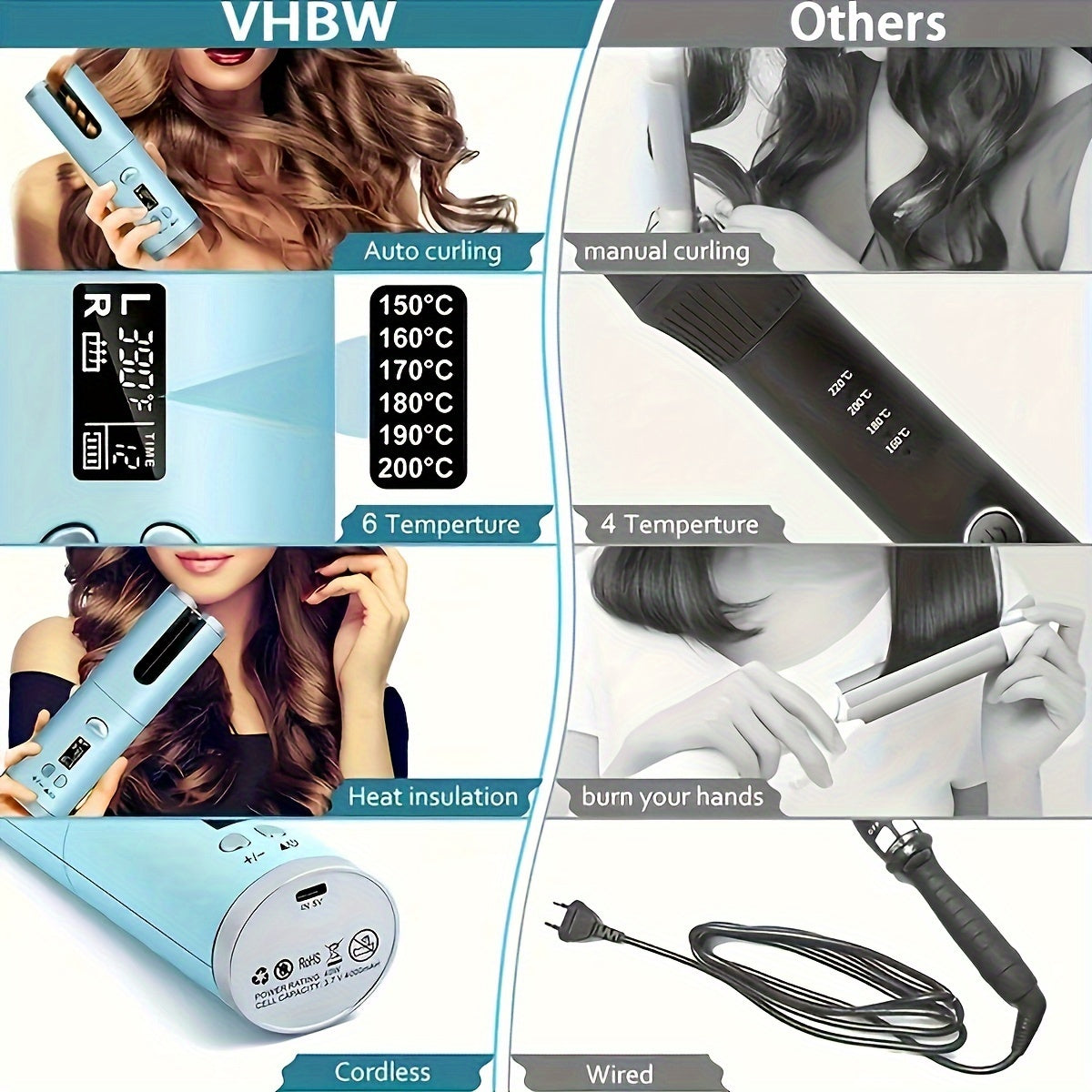 6-in-1 automatic curling iron with temperature settings rechargeable lithium battery ceramic barrel automatic shutoff blue black design