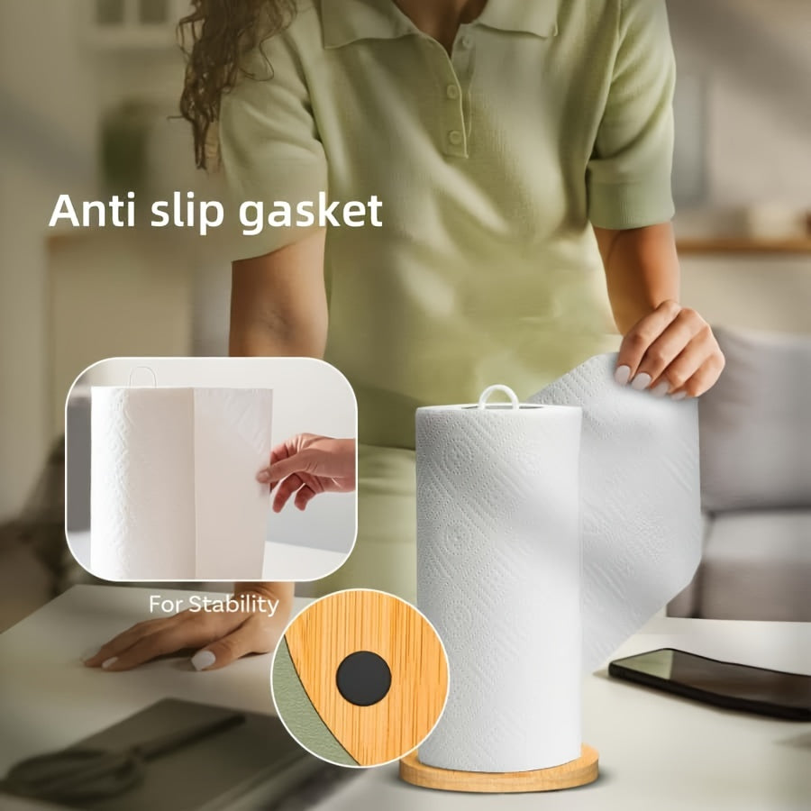 Porta rollos de papel de hierro metálico con base de bambú, organizador de cocina y baño independiente