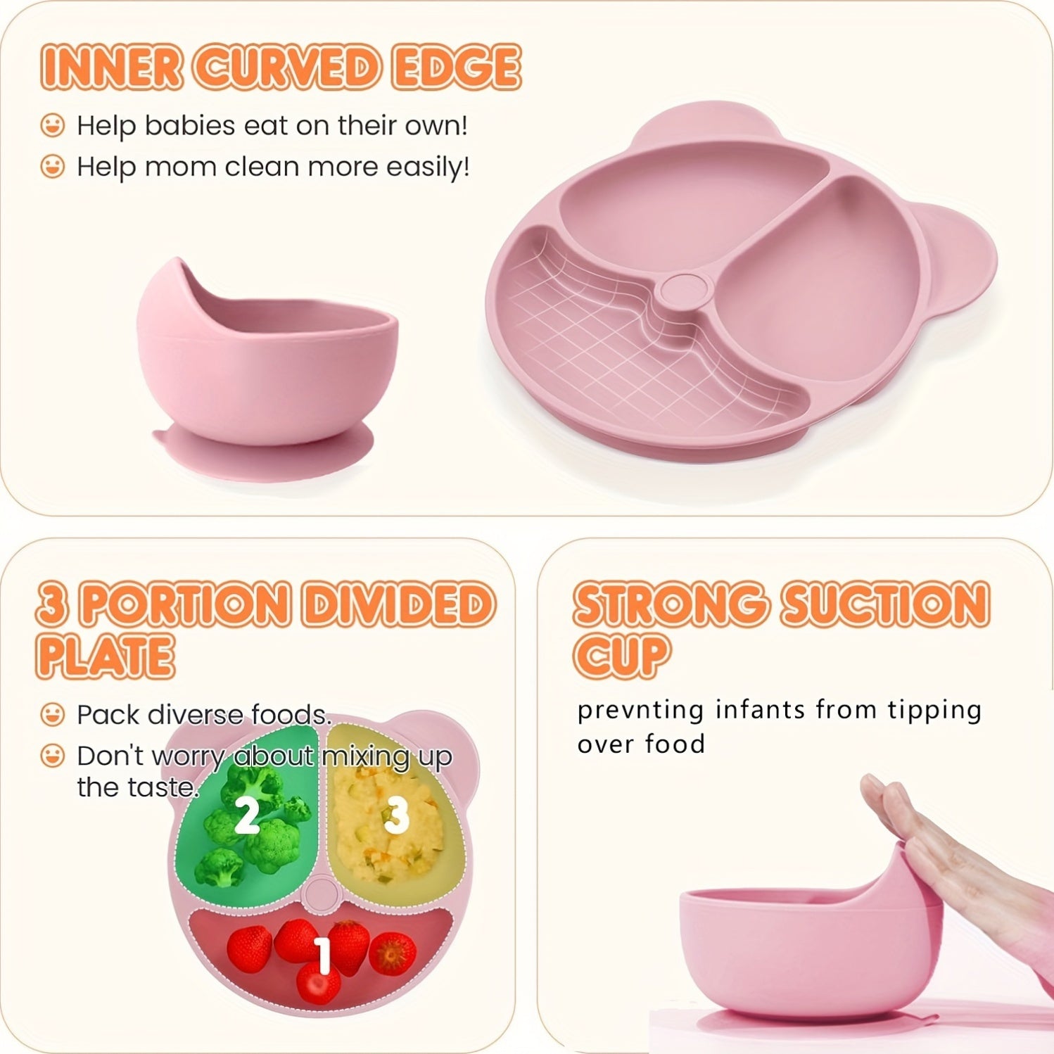 Набор для кормления малышей с присосками, делителями, ложкой, вилкой, чашкой с трубочкой, нагрудником - 10 предметов из силикона без BPA в розовом животном принте. Безопасно для микроволновой печи и духовки - идеально для самостоятельного кормления.