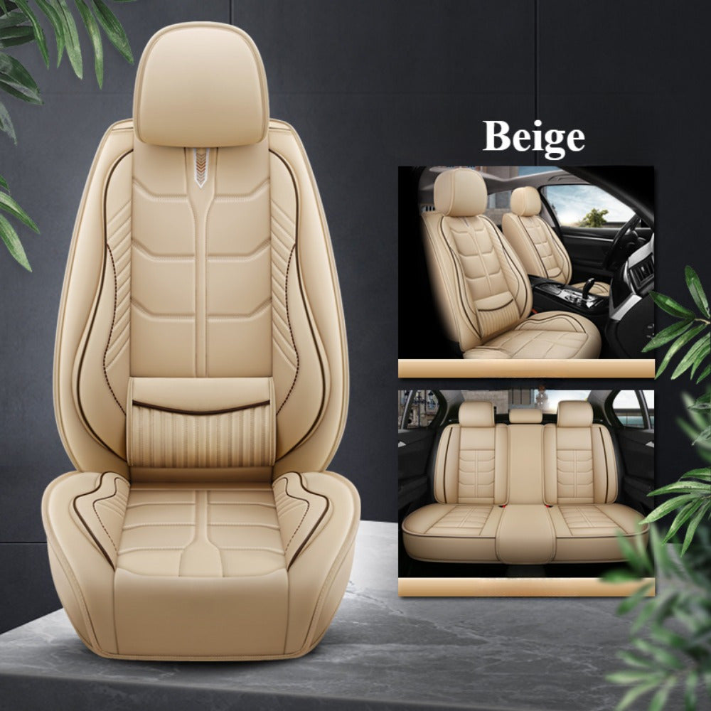 Universal Car Seat Cover Full Set Waterproof PU Leather Beige Full Coverage