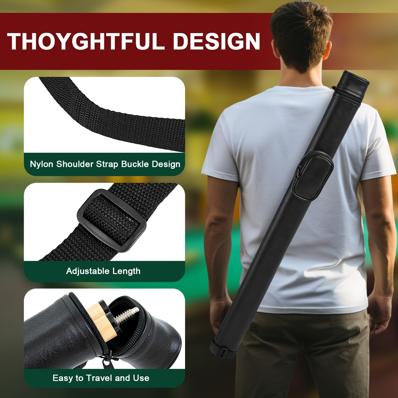 Durable Black PU Billiard Cue Case with 2-Hole Holder and Carrying Bag