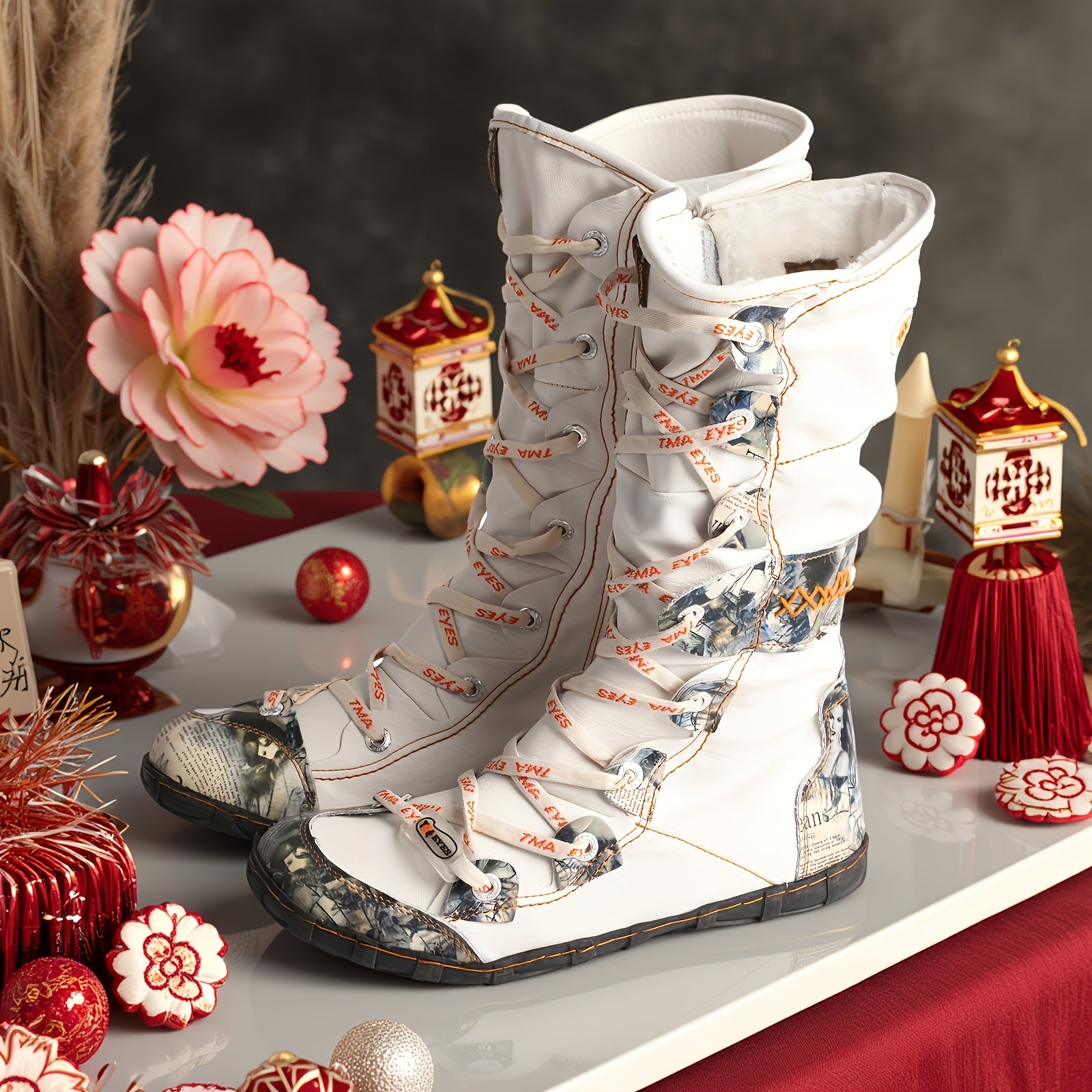 Женские зимние высокие ботинки с цветочным принтом и плюшевой подкладкой коричневый белый