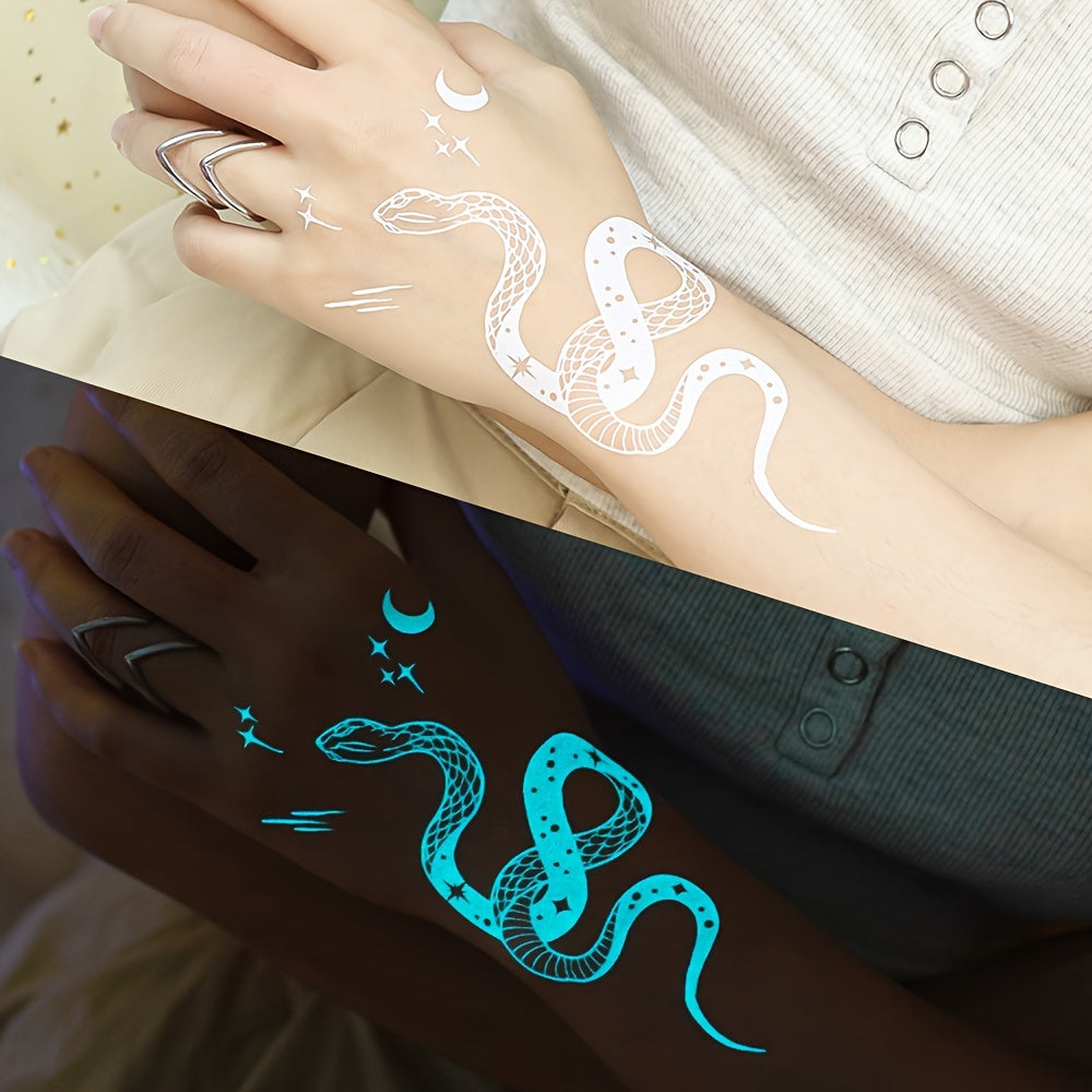 Blue Luminous Feather and Snake Tattoo Stickers for Women and Girls Glow in Dark Fake Body Art
