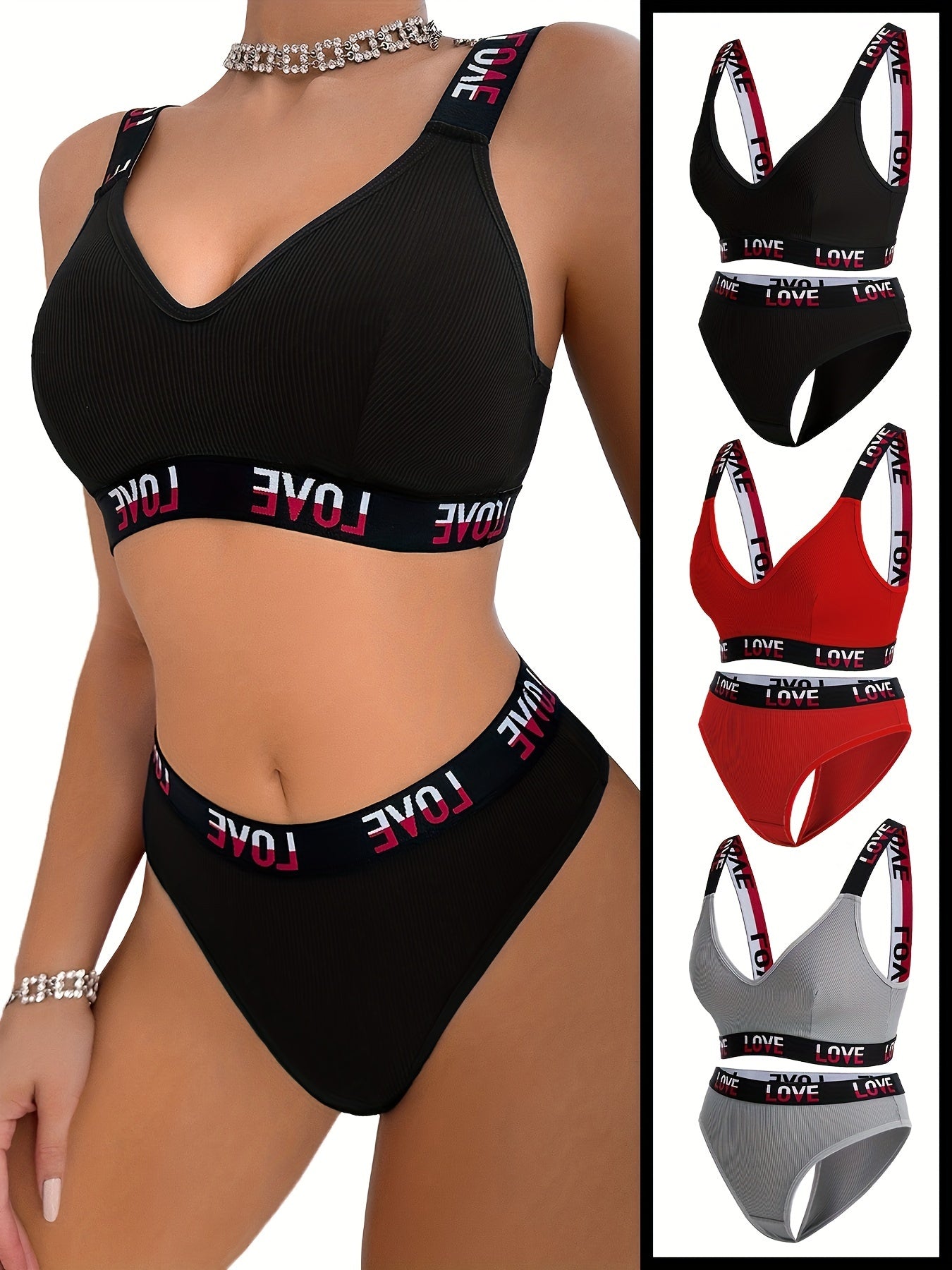 Set of 3 Wireless Ribbed Lace Lingerie Bras and Panties for Women