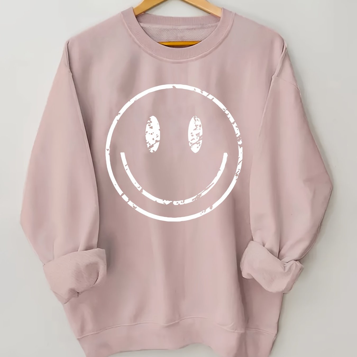 Plus Size Women's Cotton Smile Face Print Sweatshirt Long Sleeve Crew Neck