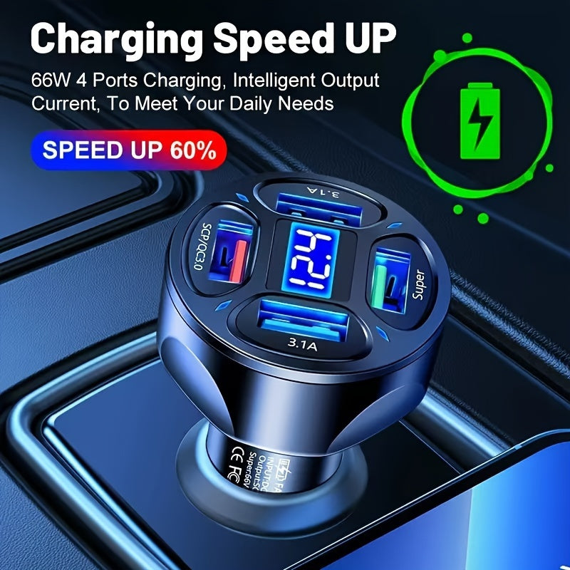 Universal Car Charger 66W 4-Port USB Fast Charging Digital Display