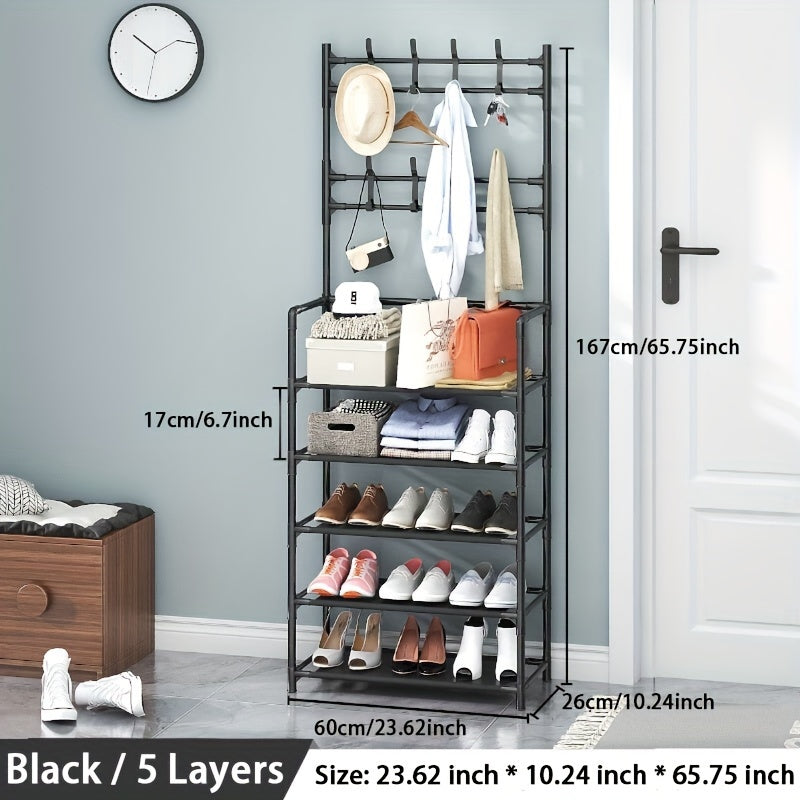 3-in-1 Metal Shoe Rack with Dust Cloth and Hooks for Entryway Living Room Bedroom