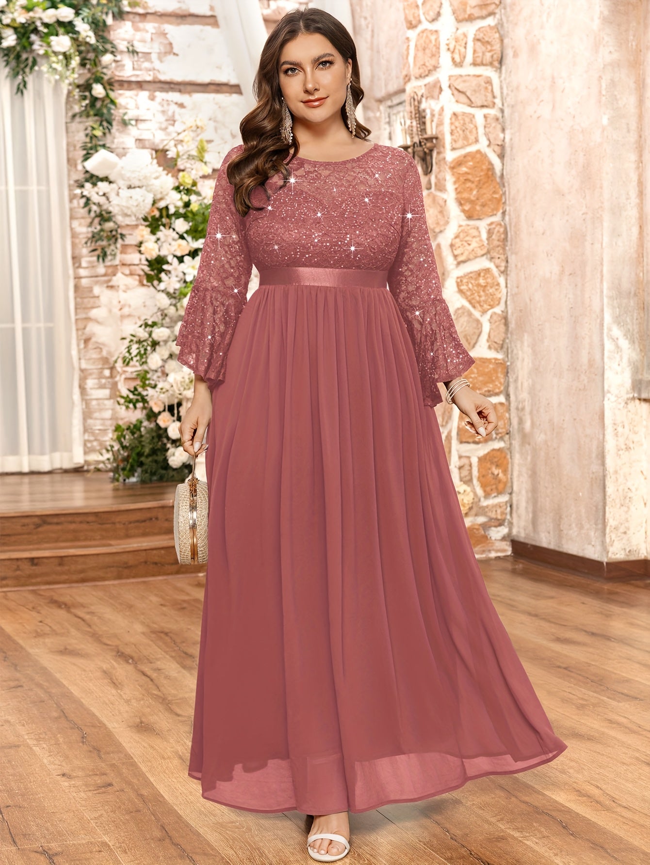 Plus Size Women's Sequin Long Dress Crew Neck Three Quarter Sleeve Evening Party