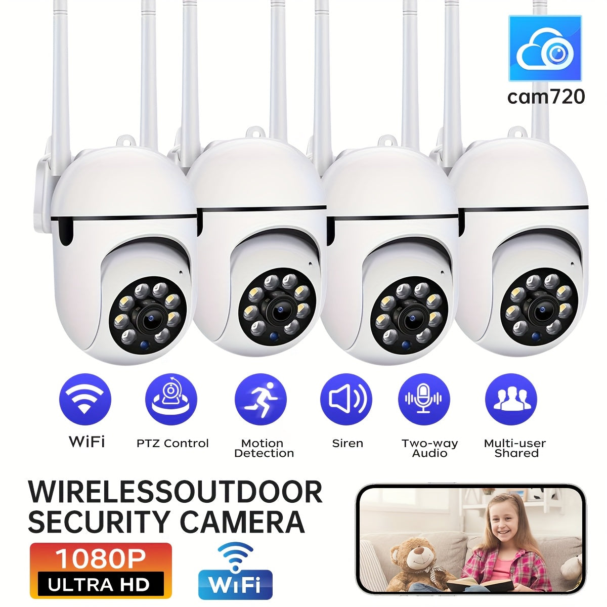 Indoor Security Camera 1080P HD WiFi Night Vision Motion Detection PTZ Two-Way Audio