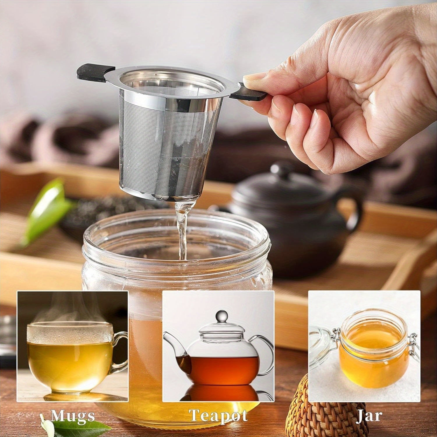 Набор ситечек для чая из нержавеющей стали с силиконовой ручкой - включает в себя 1 ситечко с очень мелкой сеткой для заваривания листового чая, можно мыть в посудомоечной машине и легко вешать на кружки