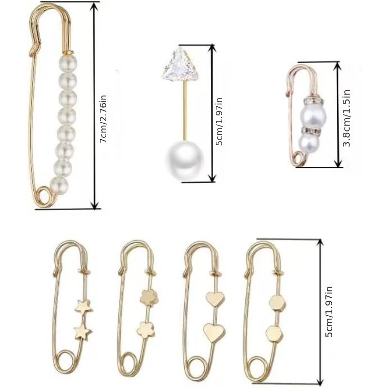 Ladies and Girls Imitation Pearl Brooch with 7-Piece Anti-Exposure Hat Clip Collar Pin