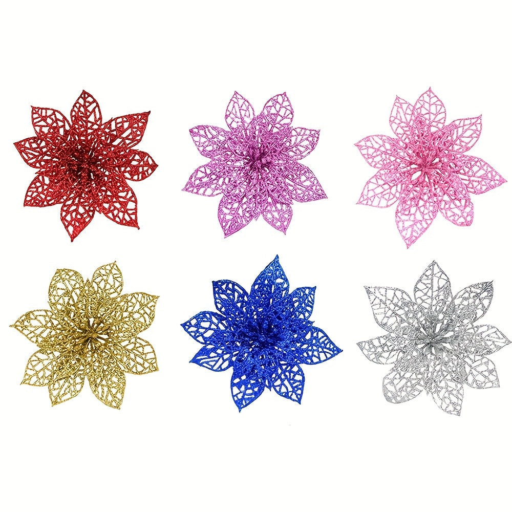 Set of 12 Artificial Golden Powder Christmas Flowers with Clips 15cm for Tree Wreath Decor