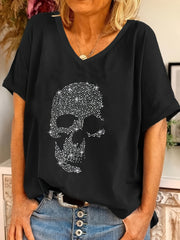 Camiseta casual de mujer talla grande con escote en V y calavera de pedrería en rosa