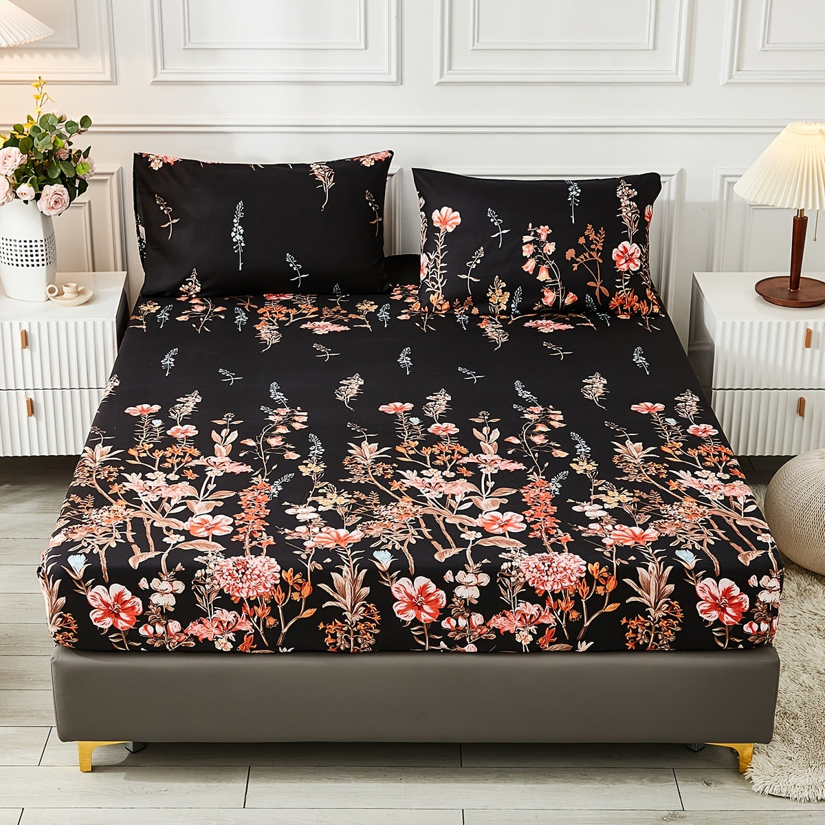 Flower Print Bedding Set Fitted Sheet and Pillowcase Set Soft Cozy Bedroom Guest Room