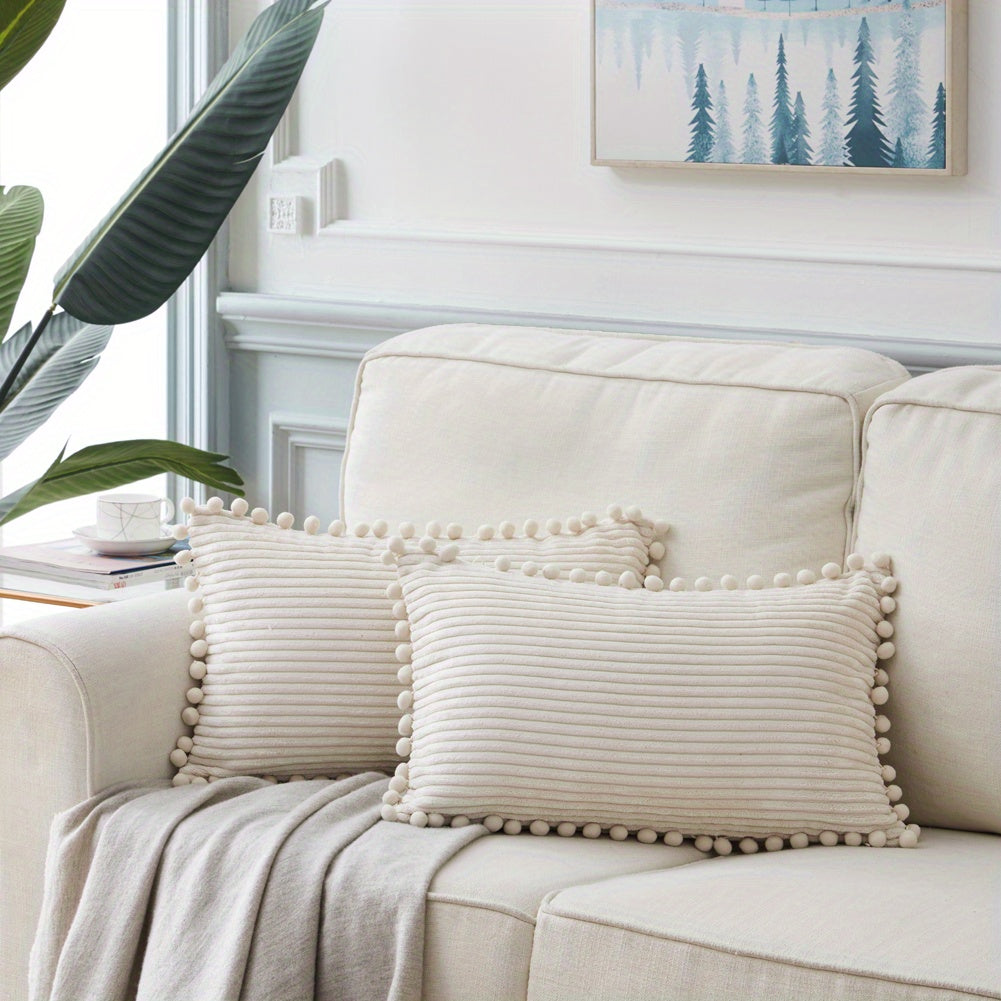 Набор из 2-х бохо наволочек для подушек с помпонами и акцентом из вельвета. Сплошные квадратные подушки для различных пространств. (18x18 дюймов/45x45 см). ВКЛЮЧЕНИЯ НЕ ВХОДЯТ.