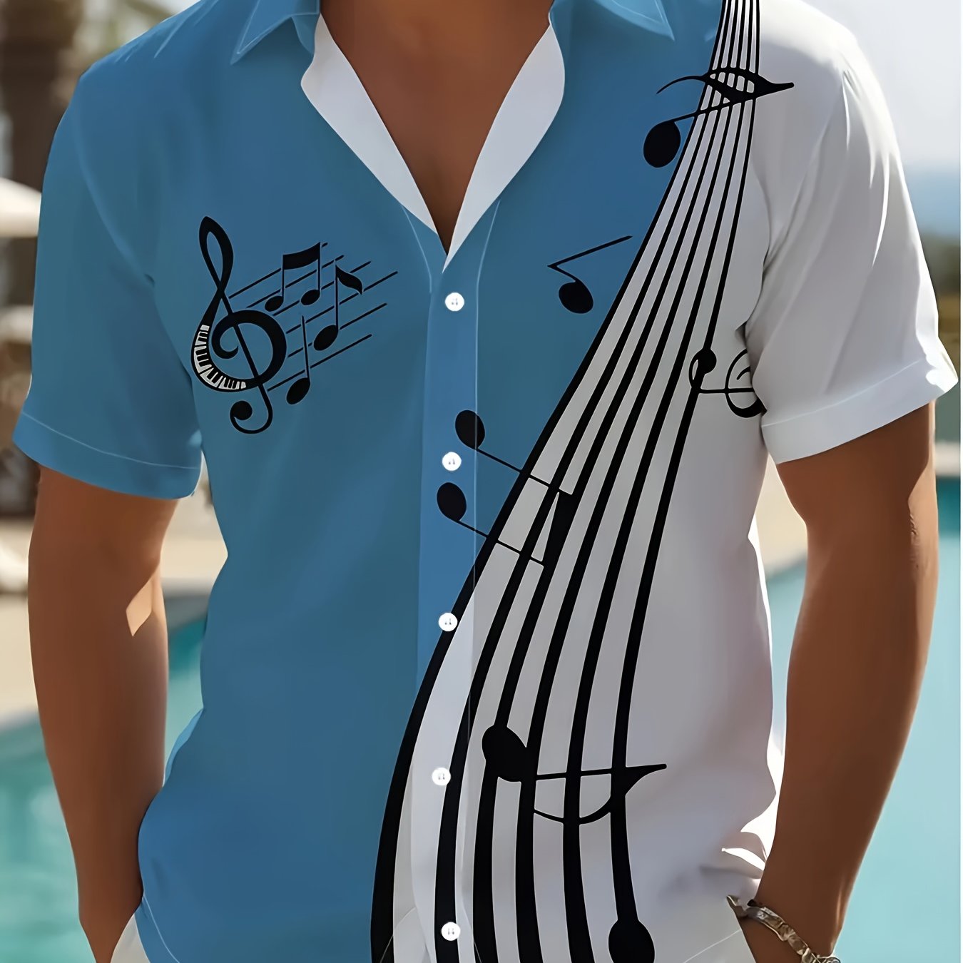 Camisa casual de manga corta de algodón tejido con gráfico de nota musical vintage de verano para hombres, talla grande y alta