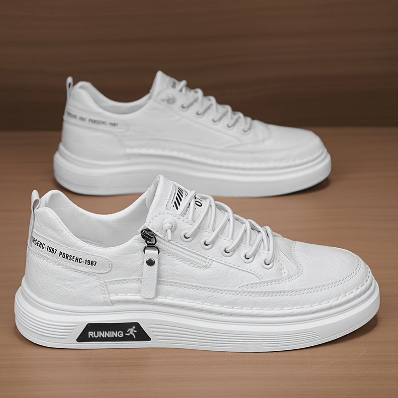 Zapatillas blancas de cuero sintético para hombre con cremallera y suela de goma para primavera casual 2024
