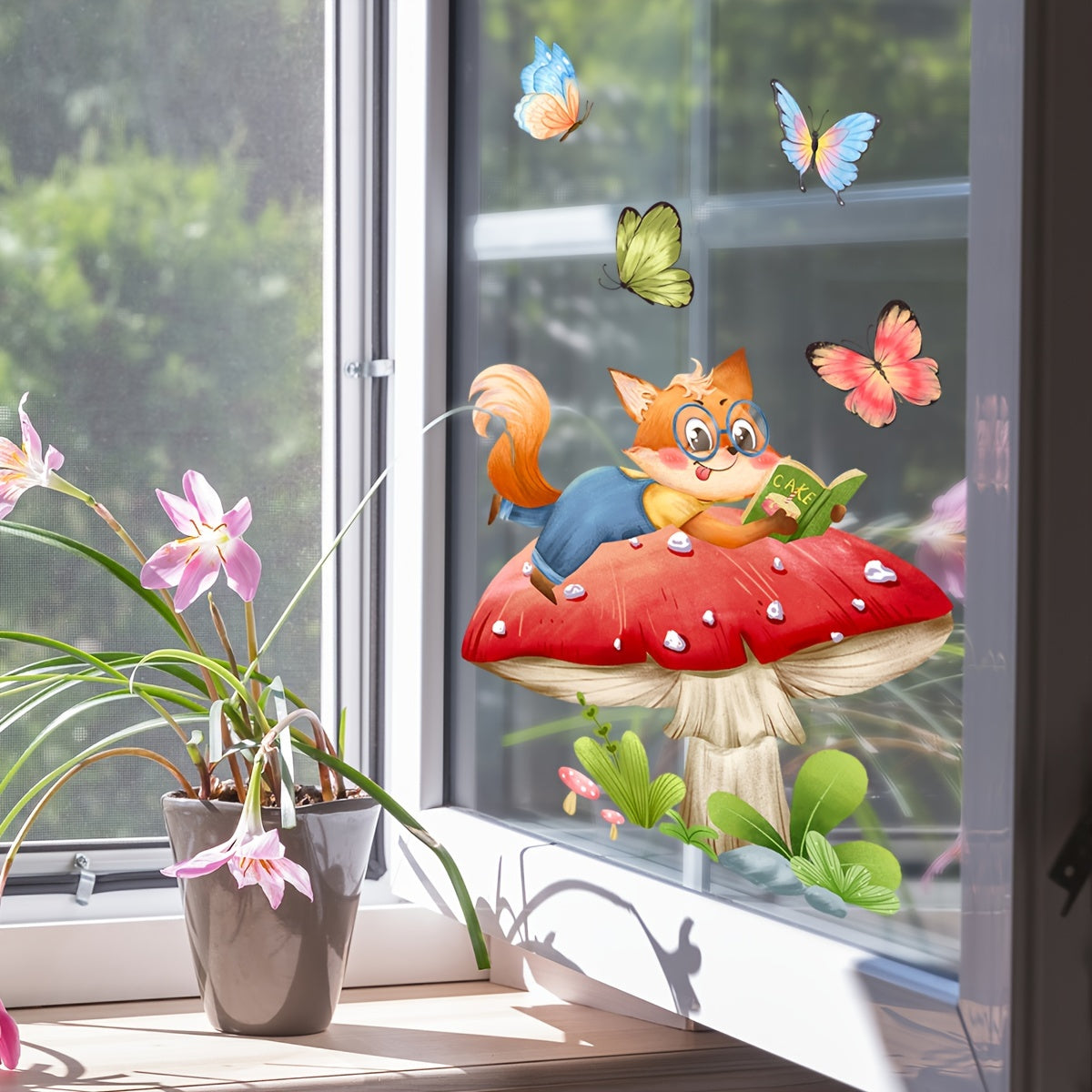 Double-Sided Window Clings Fox and Mushroom Butterfly Decor for Home