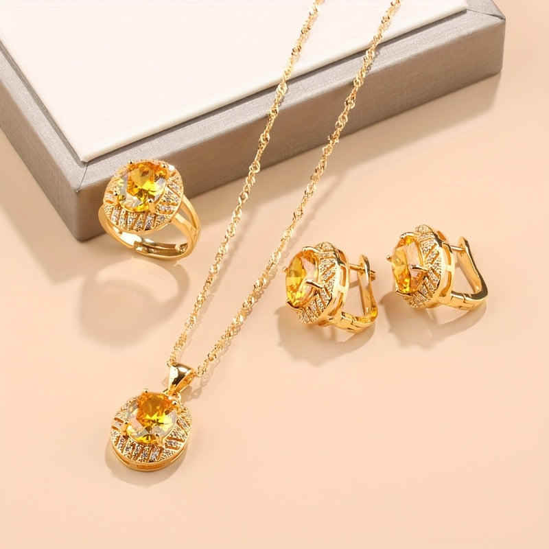 4-Piece Gold Plated Jewelry Set with Necklace Earrings and Rings for Weddings and Daily Wear