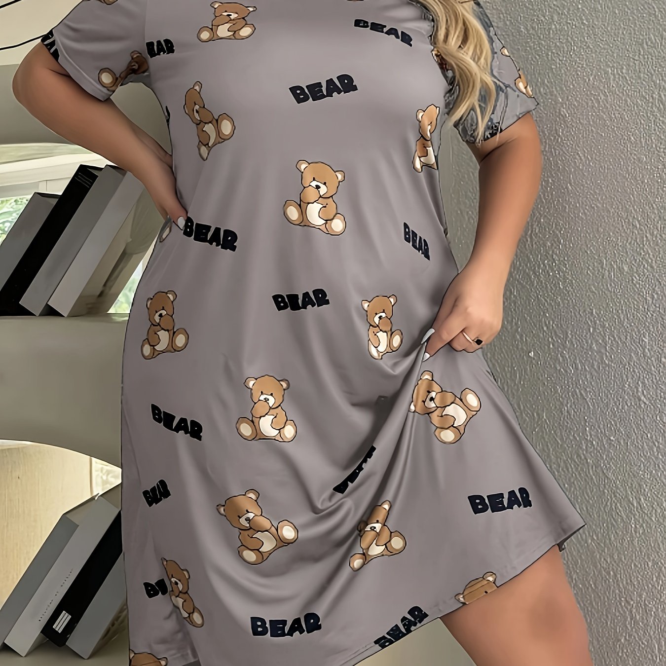 Camisón de dormir con estampado geométrico retro para mujer de tallas grandes, vestido de descanso con mangas cortas