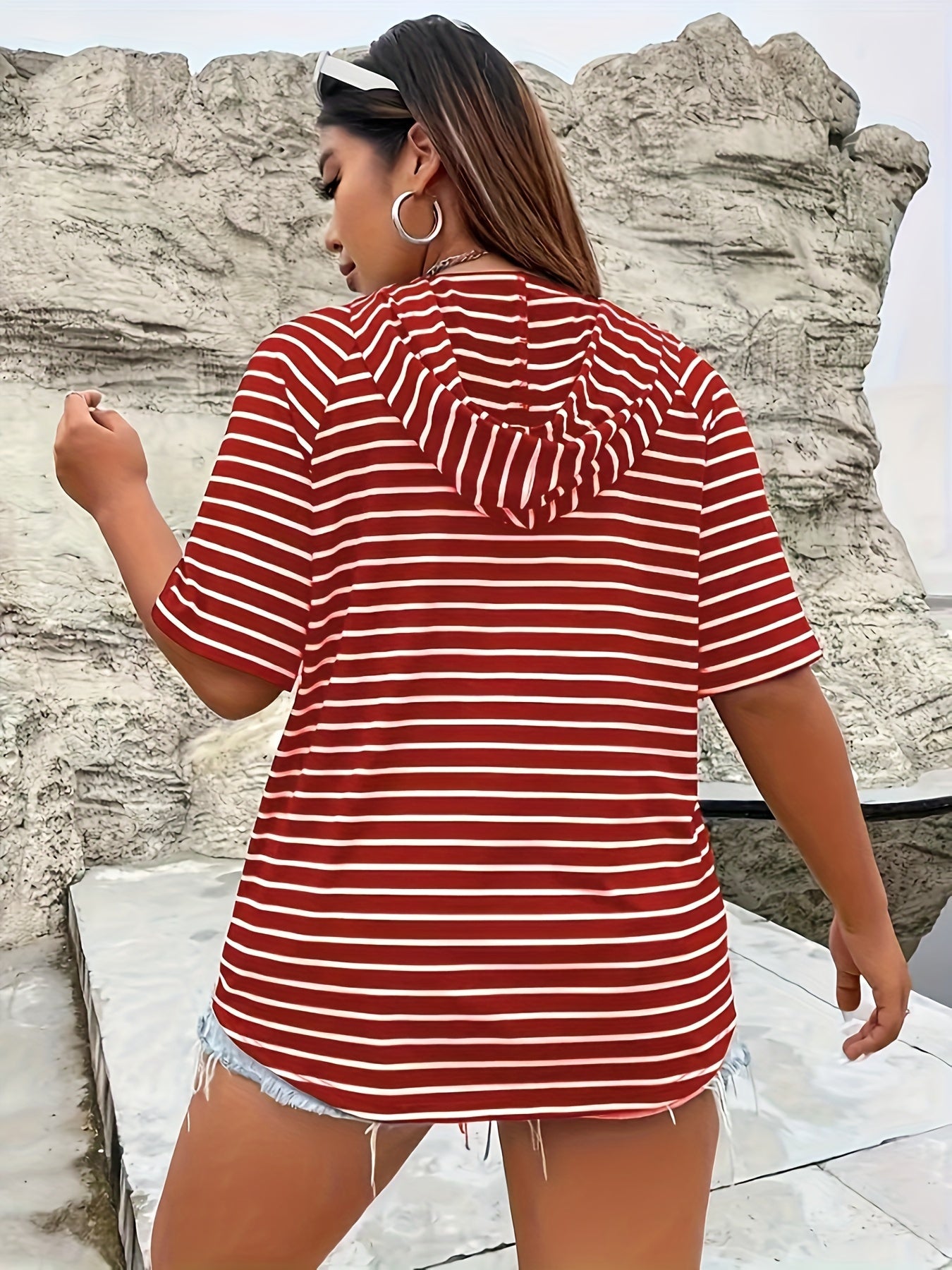 Women's Red and White Striped Hooded T-Shirt with Zipper Drawstring and Kangaroo Pocket