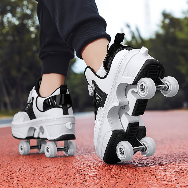 Boy's All-Season PU Skate Shoes with Detachable Wheels and Non-Slip Fastener
